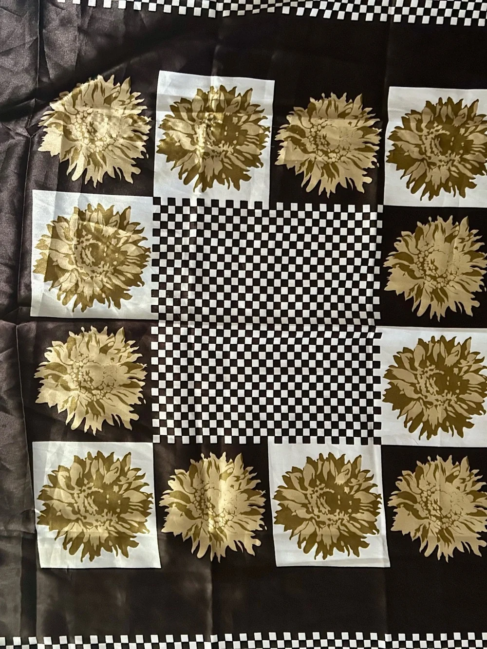 Checkerboard Floral Satin Scarf in Black and Gold
